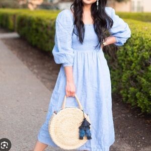 New! J. Crew linen daydream long sleeve smocked midi Dress blue 35061